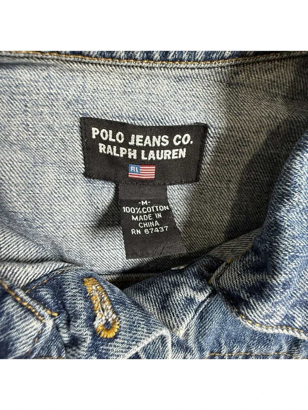 Polo Ralph Lauren Denim Jacket Flag Jeans Co. M Distressed USA American Patch